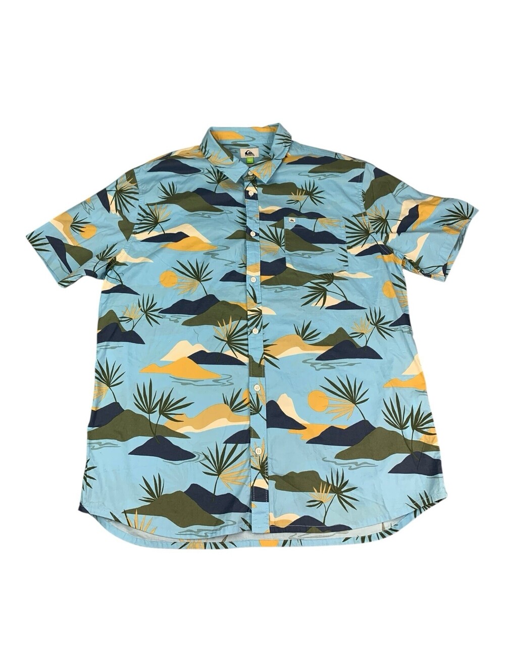 Quiksilver Teal Blue Palm Tree Short Sleeve Button Up Shirt Men’s Size 2XL NEW